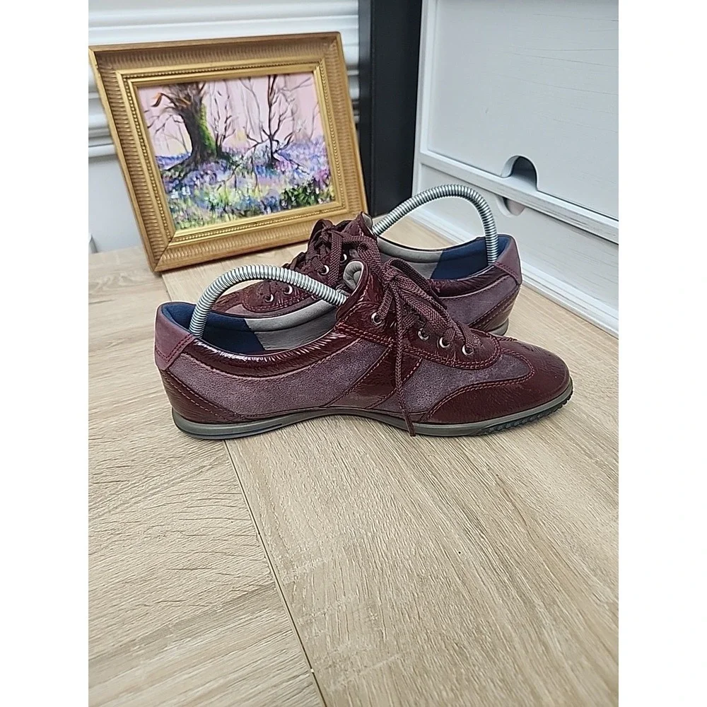 Ecco Women Suede Patent Leather Lace Up Sneakers Sz 41 US 10.5 Burgundy Comfort‎